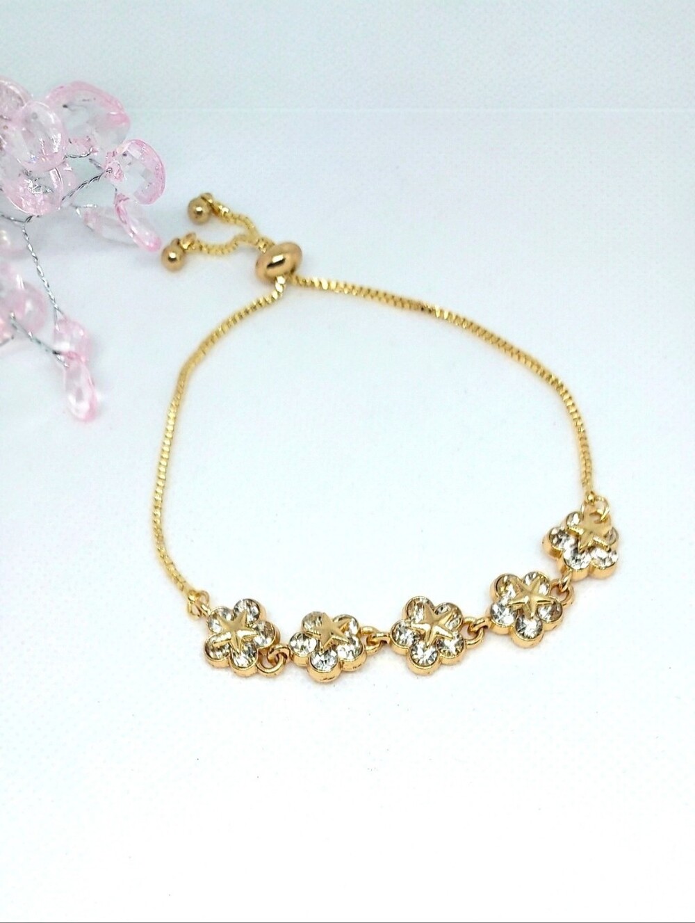 Bracelet Gold Tone Floral Cubic Zirconia Adjustable - NWT